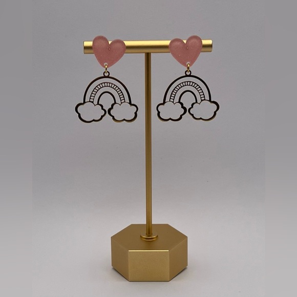 Cute Gold Cloud & Rainbow  Earrings - Pink Heart Gold Kawaii Earrings - Picture 7 of 7